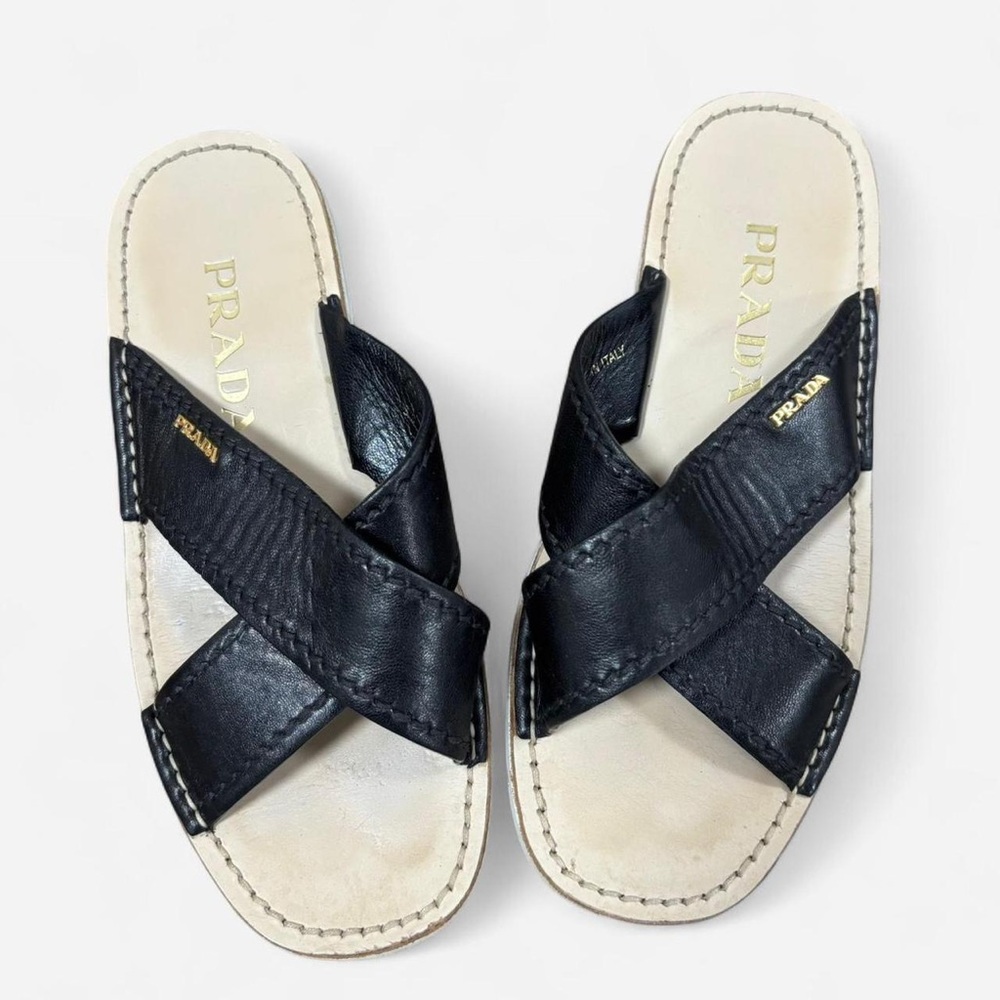 PRADA Criss Cross Black Leather Slide Sandals